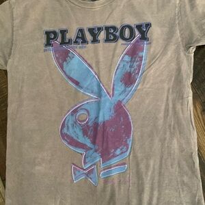 5-2026 PLAYBOY Taupe Tee with Blue & Purple Bunny Graphic